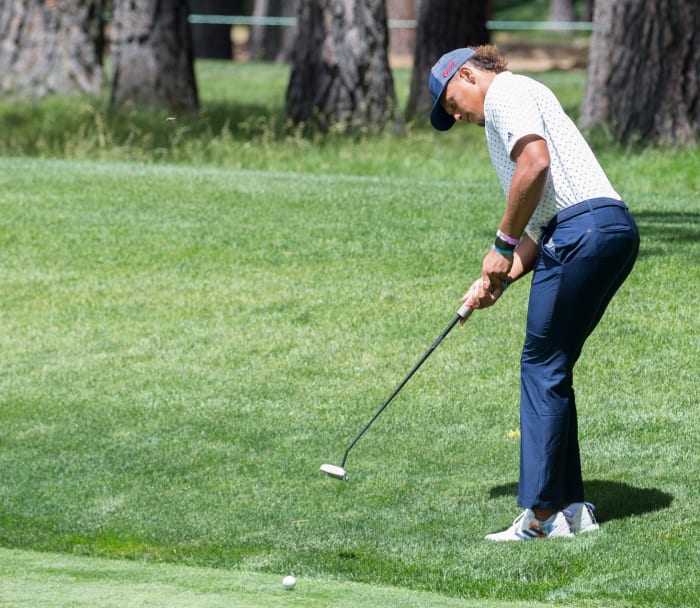 Patrick Mahomes putts from the edge of the green during the ACC Golf Tournament at Edgewood Tahoe Golf Course in South Lake Tahoe on Friday, July 10, 2020.